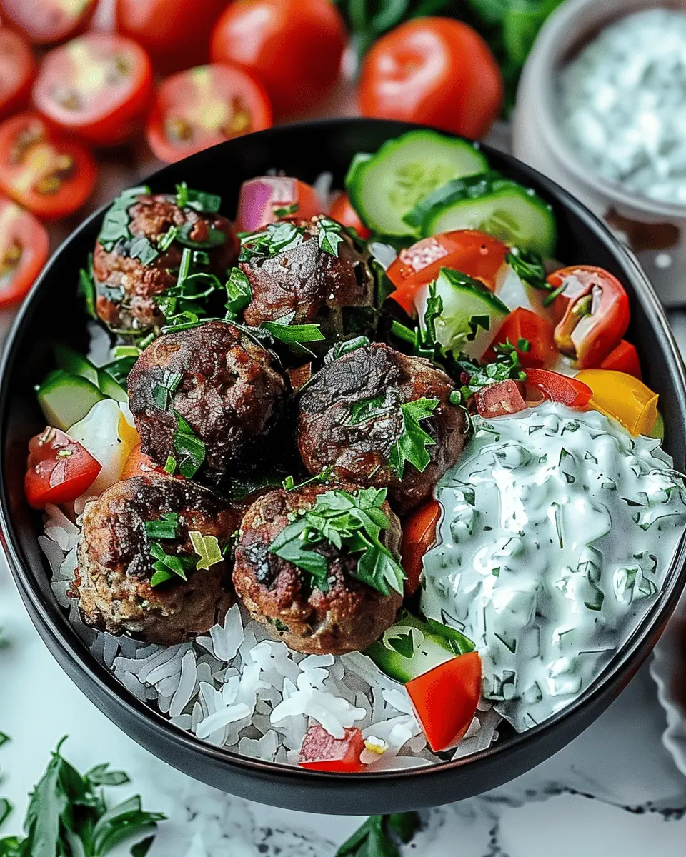 Greek Meatball Bowl: Easy Tzatziki, Rice & Fresh Veggies Delight