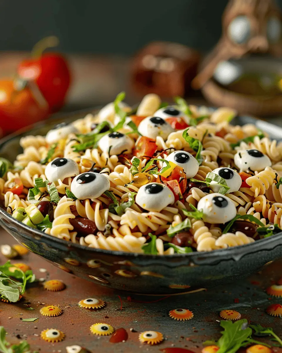 Eyeball Pasta Salad: Creepy Yet Delicious Pasta Salad with Mozzarella Eyeballs