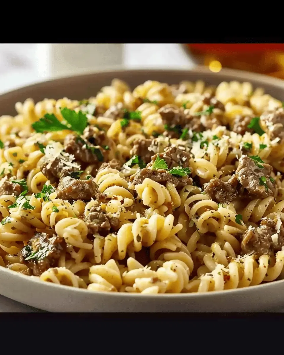 Beef and Rotini in Garlic Parmesan Sauce is delicious and easy to make