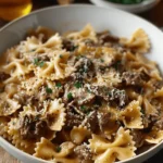 Creamy Parmesan Garlic Beef Bowtie Pasta