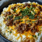 Garlic Butter Beef and Rice Skillet with Cheddar Parmesan Sauce