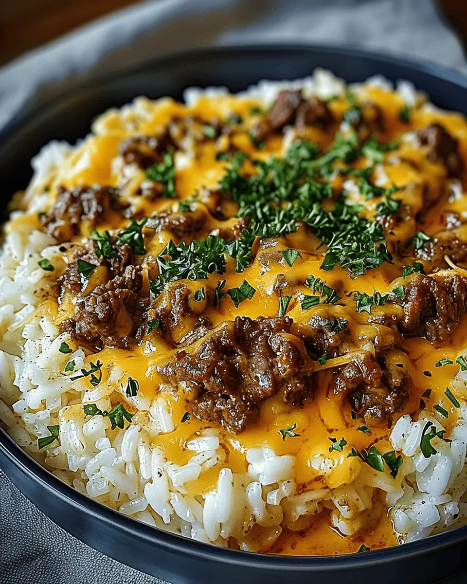 Garlic Butter Beef and Rice Skillet with Cheddar Parmesan Sauce Delight