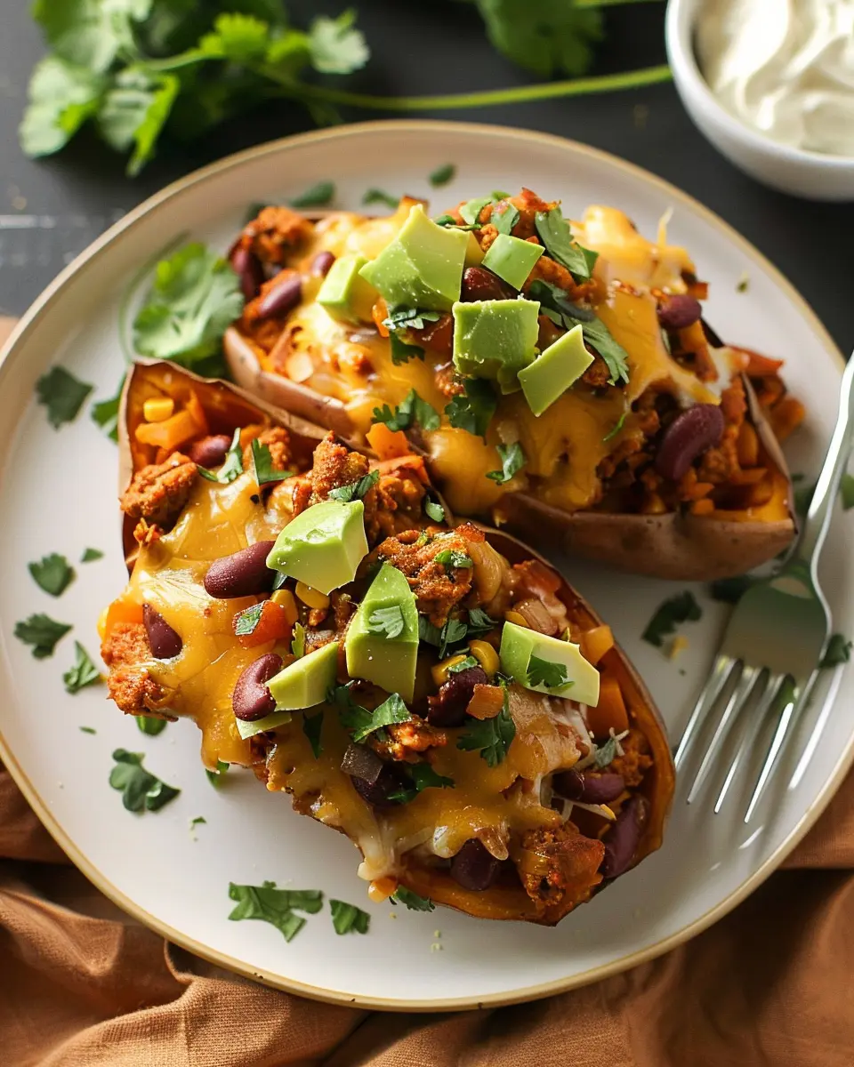 Heart-Healthy Avocado Turkey Chili Stuffed Sweet Potatoes Delight