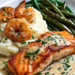 Cajun Shrimp and Salmon with Garlic Cream Sauce, Mashed Potatoes, and Green Beans: A Flavor-Packed Dinner to Impress