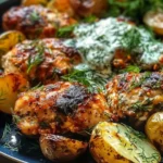 Spicy Yogurt Marinated Chicken with Dill Feta Cream & Crispy Baby Potatoes